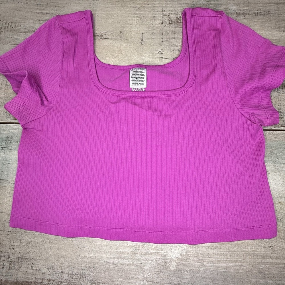 PINK Victoria's Secret Ribbed Square Neck Crop Top Short Sleeve Size XXL EUC